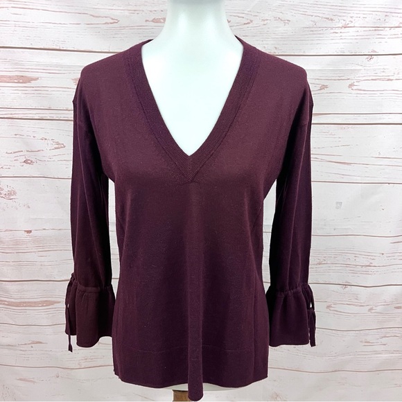 J.Crew Merino Wool Burgundy V-Neck Tunic Sweater Drawstring Cuff Bell Sleeve - Picture 1 of 11